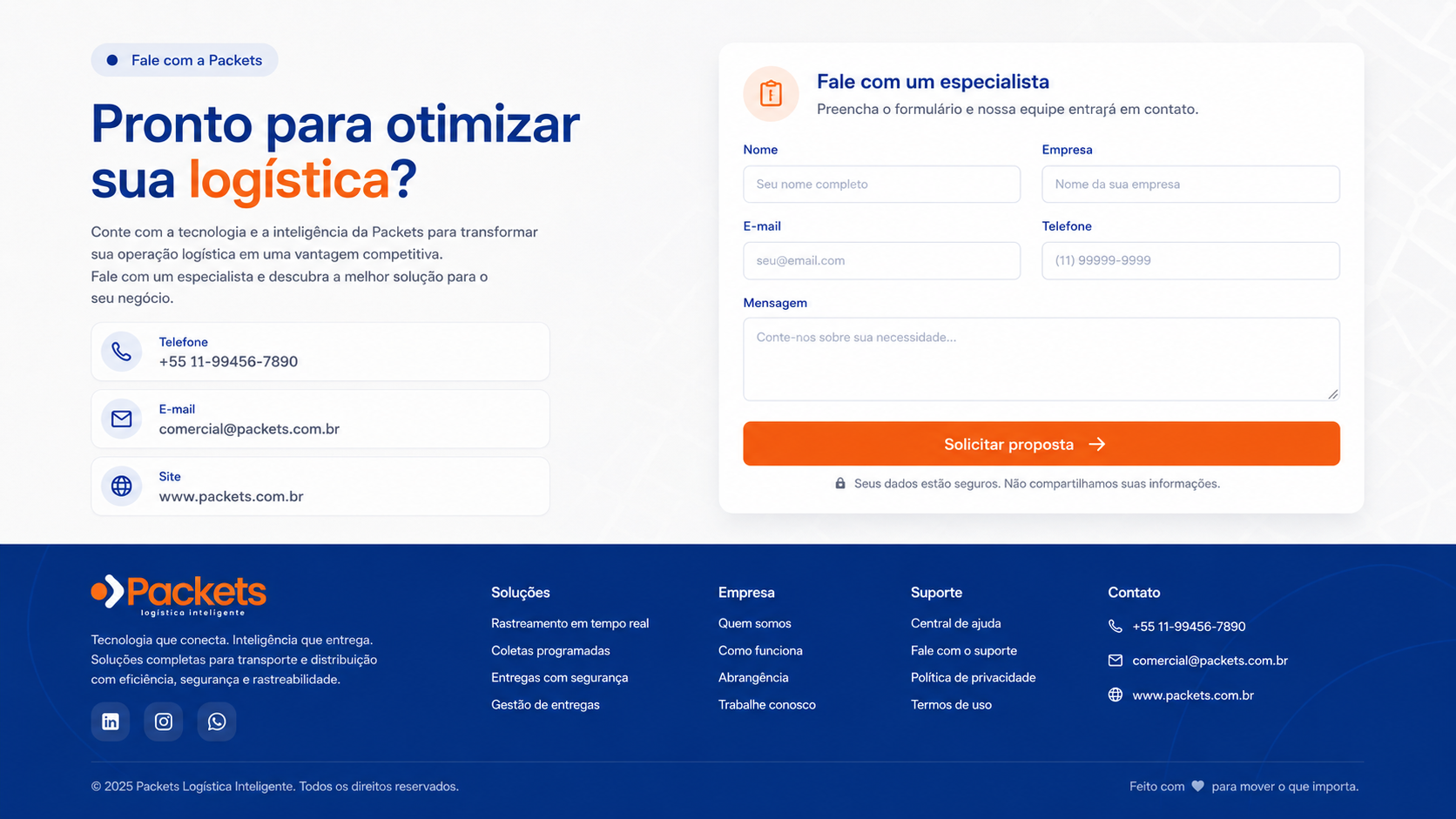 Fale com a Packets: pronto para otimizar sua logistica, telefone, e-mail, site, formulario para falar com especialista e rodape institucional.