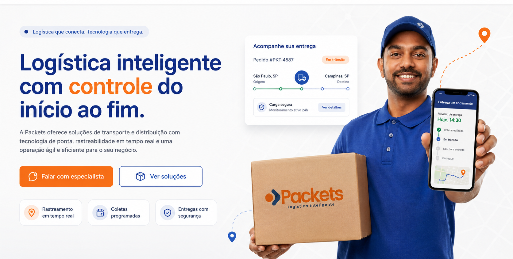 Packets Logistica Inteligente: logistica inteligente com controle do inicio ao fim, rastreamento em tempo real, coletas programadas e entregas com seguranca.
